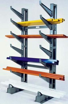 a multi - tiered rack holds several benches and two rows of shelves, each with different colors