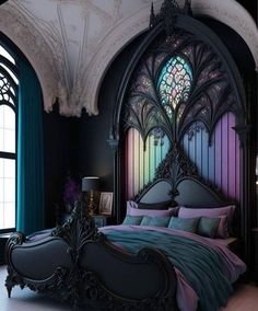 a bedroom with a large bed and stained glass windows