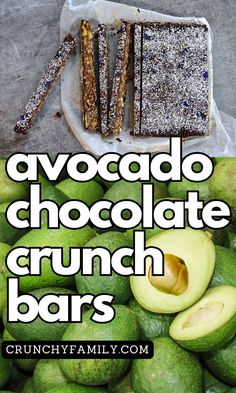 avocado chocolate crunch bars with text overlay