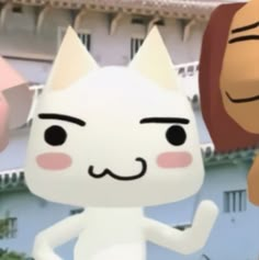 two cartoon cats standing next to each other in front of a building