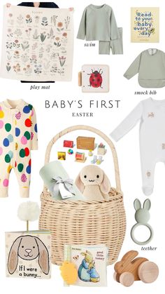 the baby's first gift basket is filled with toys, books and other items