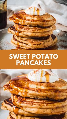 sweet potato pancakes with butter and syrup on top, served in a pancake dish