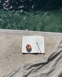 an apple is sitting on top of a book next to the water with a pen in it