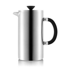 a stainless steel french press coffee pot with a black handle and an inner lid, on a white background