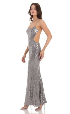 Sequin Open Back Dress in Silver | LUCY IN THE SKY Silver Prom Dress, Graduation Party Dresses, Designer Jumpsuits, Casual Day Dresses, Open Back Dress, Strapless Jumpsuit, Open Back Dresses, Straight Dress, Date Night Dresses