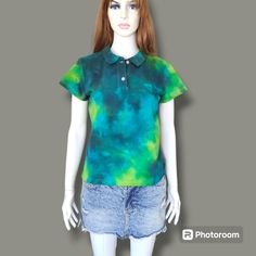 Tie Dye T-shirt. Colorful Ice Dyed Women's Handmade  Clothing Tops and tees. M Size Blu Green Colors. 100% Cotton Welcome to my tie-dye store! I lovingly make each item by hand, they are unique and one of a kind. The dyes I use are premium quality fiber reactive dyes and my products are all pre-washed and pre-shrunk for you. I will ship your order within two business days. Thank you for your interest in my store, please follow me on Instagram to see my latest creations. I truly appreciate your business, feedback and reviews! Washing Instructions You will receive your tie-dye garments pre-washed but for the first few washes I recommend that you wash them separately as it is common for hand dyed garments to bleed. Don't worry though, the colors will not fade. I also recommend that you wash y Fitted Tie Dye Cotton Tops, Casual Hand Dyed Blue Top, Casual Hand Dyed Shirt For Summer, Casual Hand Dyed Summer Shirt, Hand Dyed Casual Summer Shirt, Casual Summer Hand Dyed Shirt, Casual Hand Dyed Short Sleeve Tops, Fitted Acid Wash Cotton T-shirt, Casual Cotton Tie-dye Shirt