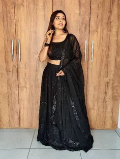 Traditional Indian Wedding Wear Black Georgette Embroidery Sequence Work Lehenga Choli Indian Wedding, Item code: KTRT6241B, Price: 47.99 USD, Color: Black, Fabric: Georgette, Occasion : Ceremonial, Wedding & Party Wear, Size: Semi Stitch, Gender: Women. Designer Lehnga Choli, Lehenga Top, Mirror Work Lehenga, Simple Lehenga, Lehenga Choli Online, Embroidered Lehenga, Indian Wedding Wear, Trendy Dress Outfits