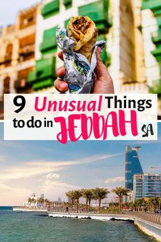 a person holding food in their hand with the words 9 unusual things to do in jordan