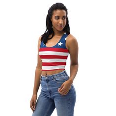 Look fabulous in an all-over printed, body-hugging crop top.      * 82% polyester, 18% spandex   * Fabric weight: 6.78 oz/yd² (230 g/m²) (weight may vary by 5%)   * Material has a four-way stretch, which means fabric stretches and recovers on the cross and lengthwise grains.   * Made with a smooth, comfortable microfiber yarn   * Body-hugging fit   * Precision-cut and hand-sewn after printing   * Blank product components sourced from China This product is made especially for you as soon as you place an order, which is why it takes us a bit longer to deliver it to you. Making products on demand instead of in bulk helps reduce overproduction, so thank you for making thoughtful purchasing decisions! American Flag Crop Top, Mom Hats, Patriotic Shirt, Cropped Tube Top, Patriotic Shirts, American Pride, Top Gifts, Precision Cut, Usa Flag