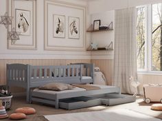 a child's bedroom with a bed, dresser and toys