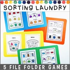 five folders with pictures of clothes on them and the text sorting laundry 5 file folder games