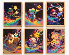 four pictures of different colored pokemon artwork on wood frames, each with an image of the same character