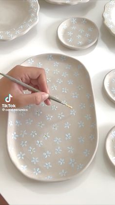 a person holding a paintbrush in front of a plate with blue flowers on it