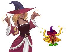 a woman dressed as a witch holding a wand in one hand and pointing at the other