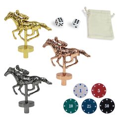 four different colored dices and two metal horse figurines