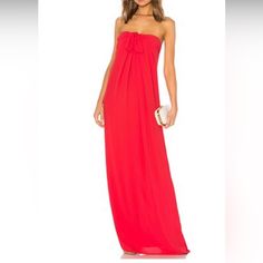 Halston Heritage Front Tie Detail Gown In Rose Red, Size 14. Nwt Red Summer Prom Gown, Red Strapless Bridesmaid Evening Dress, Red Strapless Evening Dress For Bridesmaid, Chic Red Maxi Dress For Bridesmaids, Elegant Red Summer Gown, Chic Red Gown For Prom, Chic Red Prom Gown, Red Floor-length Bridesmaid Maxi Dress, Chic Red Wedding Gown