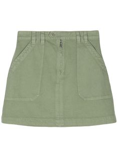 khaki cotton denim dart detailing two front patch pockets rear zip-fastening pocket thigh-length straight hem unlined belt loops zip fly fastening off-centre front button fastening Wardrobe Edit, Yoko London, Iconic Bags, Exclusive Fashion, Green Skirt, Denim Mini, Ballet Flat Shoes, Ski Wear, Denim Mini Skirt