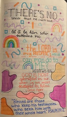 an open notebook with colorful writing on it and some rainbows in the background that says, there's no