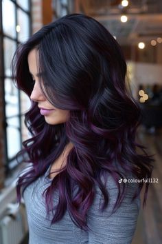 Black Violet Hair Color, Navy Black Hair, Dark Purple Ombre Hair, Cherry Coke Hair Color Brown, Black To Purple Ombre Hair, Eggplant Purple Hair, Magenta Balayage, Black And Purple Hair, Deep Purple Hair