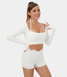 Ribbed Halter Strap Thumb Hole Cropped Yoga Sports Top Halter Strap, Sports Top, Thumb Holes, Ribbed Fabric, Halter Neck, Fabric Care, High Performance, Yoga, Sports