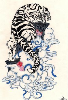 a drawing of a tiger sitting on top of clouds with water in it's mouth