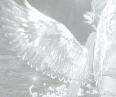 an angel with white wings standing in front of a black and white background