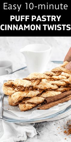 cinnamon twists on a plate with the text easy 10 - minute puff pastry cinnamon twists