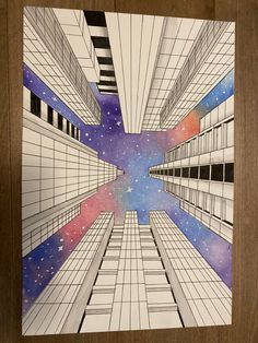 a drawing of an abstract space scene with stars in the sky and buildings on either side