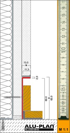 a ruler with measurements on it next to a drawing of a wall and floor plan