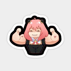 an anime character with pink hair and black pants, giving thumbs up while wearing a red tie