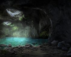 a cave filled with lots of water surrounded by rocks