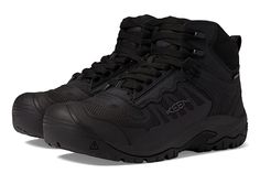 KEEN Utility Reno Mid KBF WP Soft Toe - Men's Shoes : Black/Black : Take on the busy workday in the comfortable and durable KEEN Utility Reno Mid KBF WP Soft Toe. These lace-up closure boots feature a waterproof leather upper, a mesh liner for added breathability that helps keep feet cool in warm environments, a removable metatomical polyurethane insole, and a round toe silhouette. Soft toe meets ASTM F2892 EH (Electrical Hazard) standard. Meets ASTM SATRA: TM31 material abrasion testing standar Mens Shoes Black, Black 13, Shoes Black, Black Shoes, Reno, Men's Shoes, Leather Upper, Lace Up, Boots