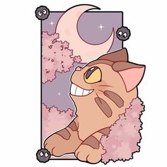 a cartoon cat sitting in front of a window with the moon and stars above it