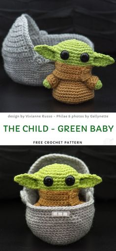 crocheted baby yoda in a basket with the words, the child - green baby