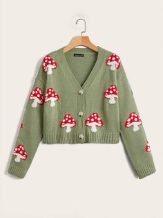 Multicolor Casual  Long Sleeve Acrylic Plants Cardigan Embellished Non-Stretch Spring/Fall Women Knitwear Mushroom Outfit, Shoulder Cardigan, Soft Knit Cardigan, Mushroom Pattern, Drop Shoulder Cardigan, Cottagecore Outfits, Long Sleeve Knitted Cardigan, Girls Cardigan, Patterned Cardigans