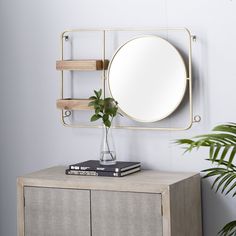 a round mirror is hanging on the wall above a shelf with books and a potted plant