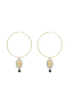 18kt yellow gold drop black sapphire coin detailing large hoop design for pierced ears Two's company. These earrings come as a pair. Dolce And Gabbana Earrings, Hoop Design, Hoop Earrings Gold, Black Sapphire, Dolce E Gabbana, Fine Earrings, Yellow Sapphire, Gold Hoops, Pierced Ears