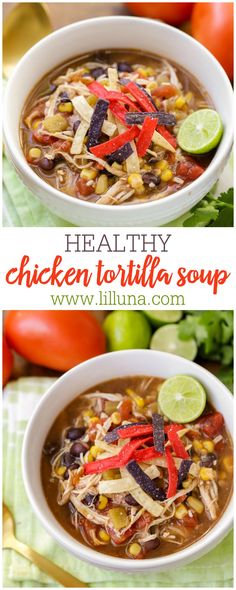 two bowls of chicken tortilla soup with limes and tomatoes