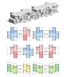 the floor plan for an apartment building with multiple floors and two levels, all in different colors