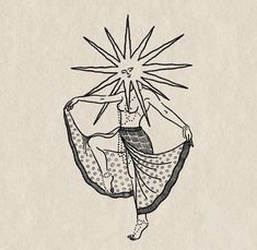 a drawing of a woman dancing with the sun above her head