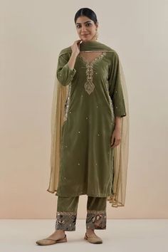 Shop for Makaan.51 Green Silk Velvet Embroidered Kurta Set for Women Online at Aza Fashions Green Mulmul Kurta With Embroidered Border, Green Slub Silk Kurta With Embroidered Border, Semi-stitched Silk Embroidered Kurta, Green Embroidered V-neck Kurta, Embroidered Semi-stitched Velvet Kurta, Straight Fit Pants, Organza Dupatta, Kurta With Pants, Silk Embroidery