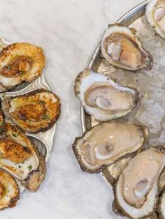 several oysters are on the half shell platter