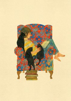 a woman sitting on top of a red chair next to a black dog in her lap