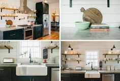 four pictures of kitchen and dining rooms with black cabinets, white walls, and wood floors