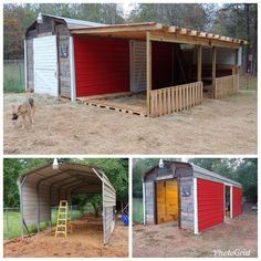 three pictures of two garages and one with a dog on the other side, in different stages of being built