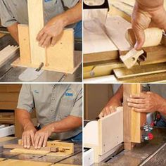 four pictures showing how to use a mitt saw and joiner for woodworking