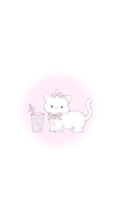 a drawing of a white cat with a drink in it's hand and a straw in its mouth