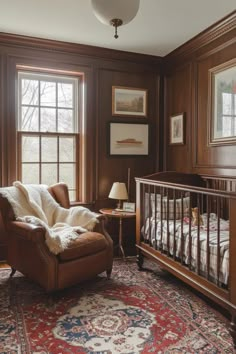 a baby's room with a crib, rocking chair and rug in it