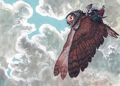 a painting of a man riding on the back of a large bird in the sky