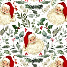 a watercolor christmas pattern with santa claus and holly berries on white background, for wallpaper or fabric